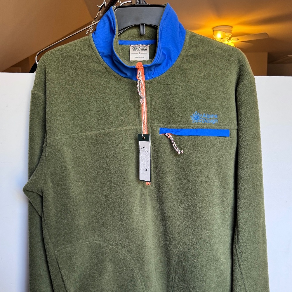 NWT Men's Alpine Design Polar Fleece in Lush Olive w Blue Orange Accents,  SM